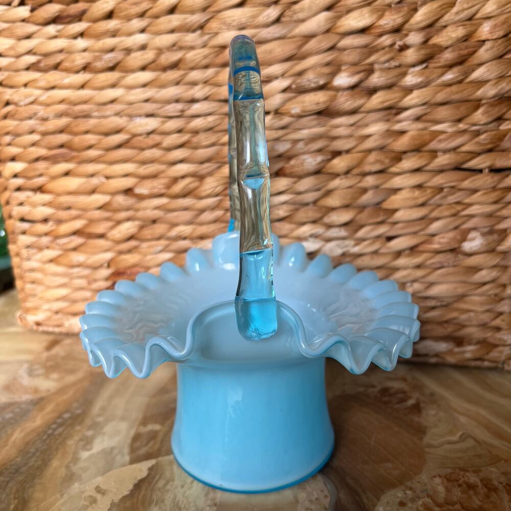 Fenton Ruffled Handled Blue Basket - Picture 3 of 7